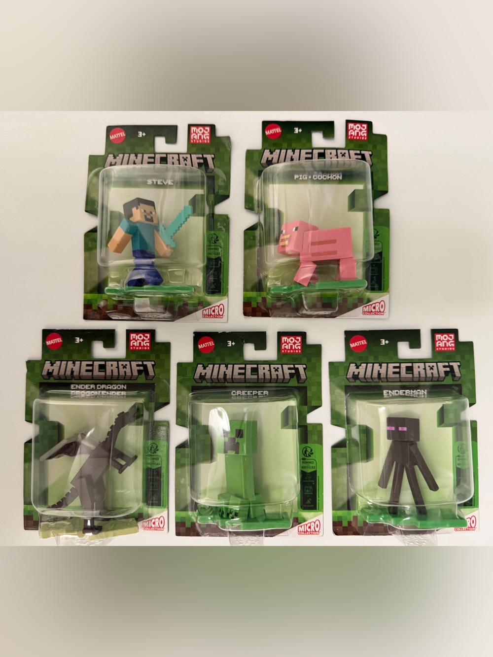 5 Mattel Minecraft Micro Figures; Steve, Creeper, Pig, Enderman, Ender Dragon